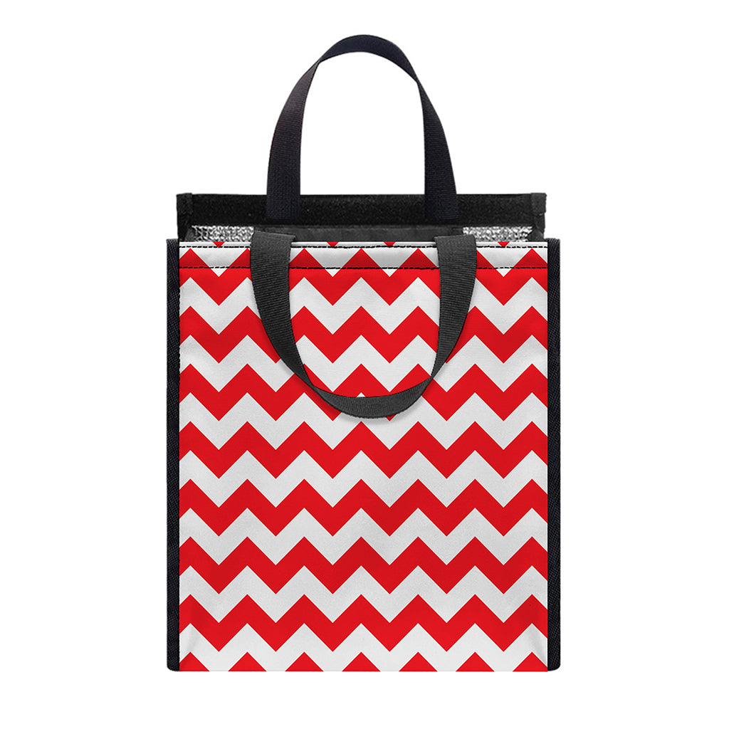 Red And White Chevron Pattern Print Insulated Lunch Tote