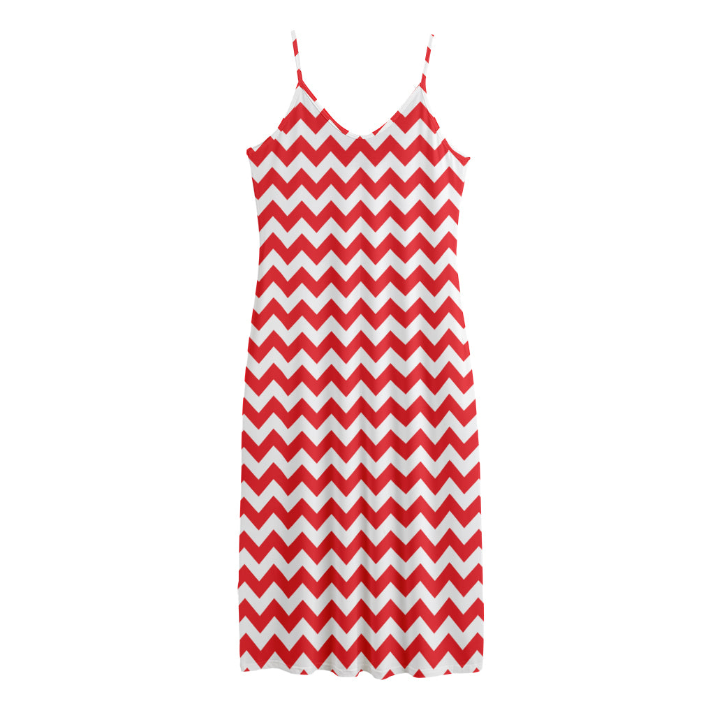 Red And White Chevron Pattern Print Jersey Midi Cami Dress