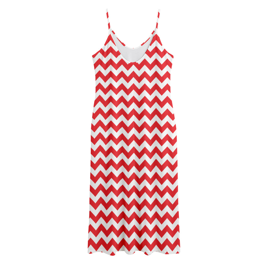 Red And White Chevron Pattern Print Jersey Midi Cami Dress