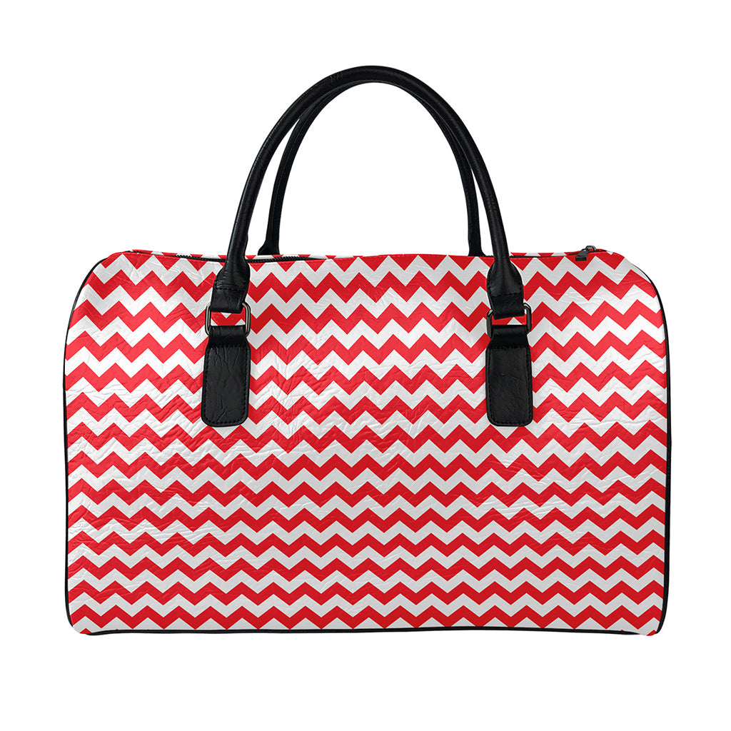 Red And White Chevron Pattern Print Leather Duffle Bag