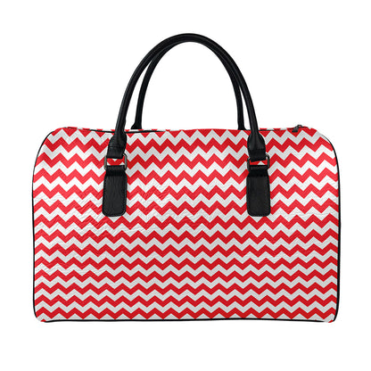 Red And White Chevron Pattern Print Leather Duffle Bag