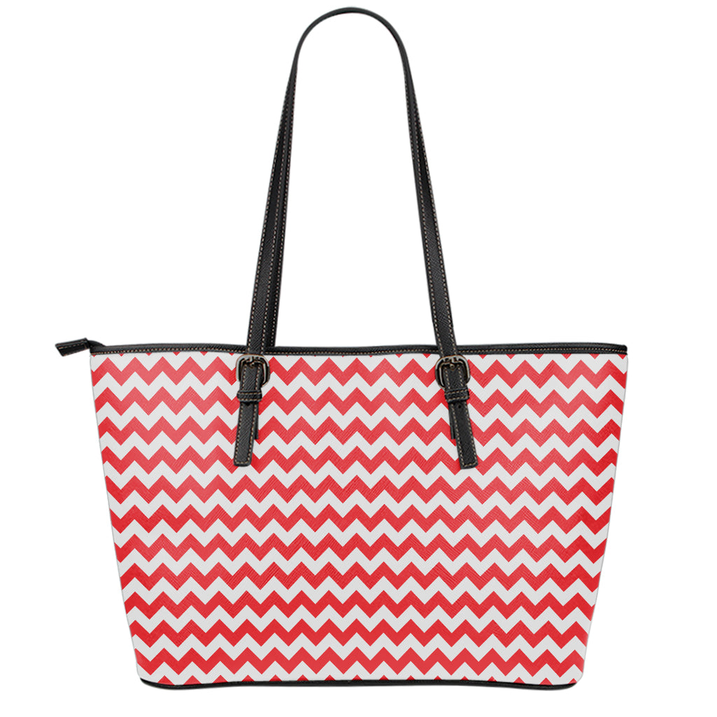 Red And White Chevron Pattern Print Leather Tote Bag