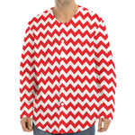 Red And White Chevron Pattern Print Long Sleeve Baseball Jersey
