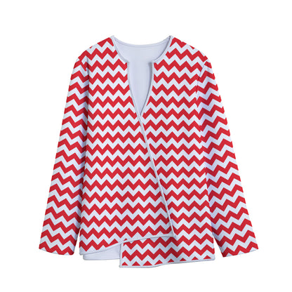 Red And White Chevron Pattern Print Long Sleeve Short Coat