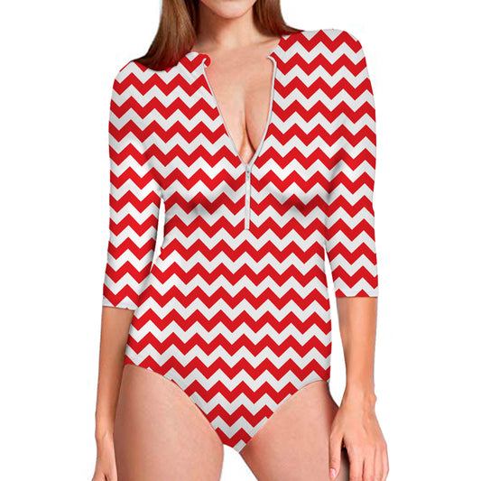 Red And White Chevron Pattern Print Long Sleeve Swimsuit