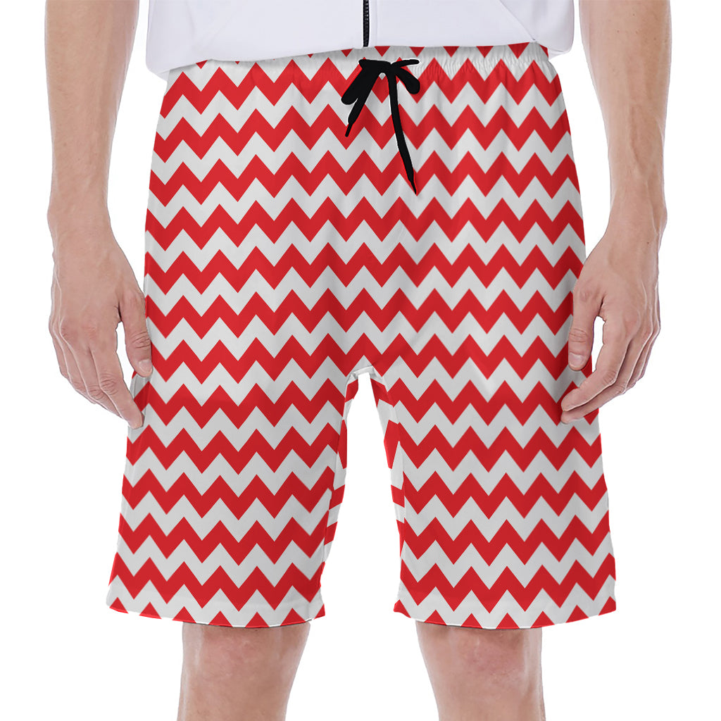 Red And White Chevron Pattern Print Men's Beach Shorts