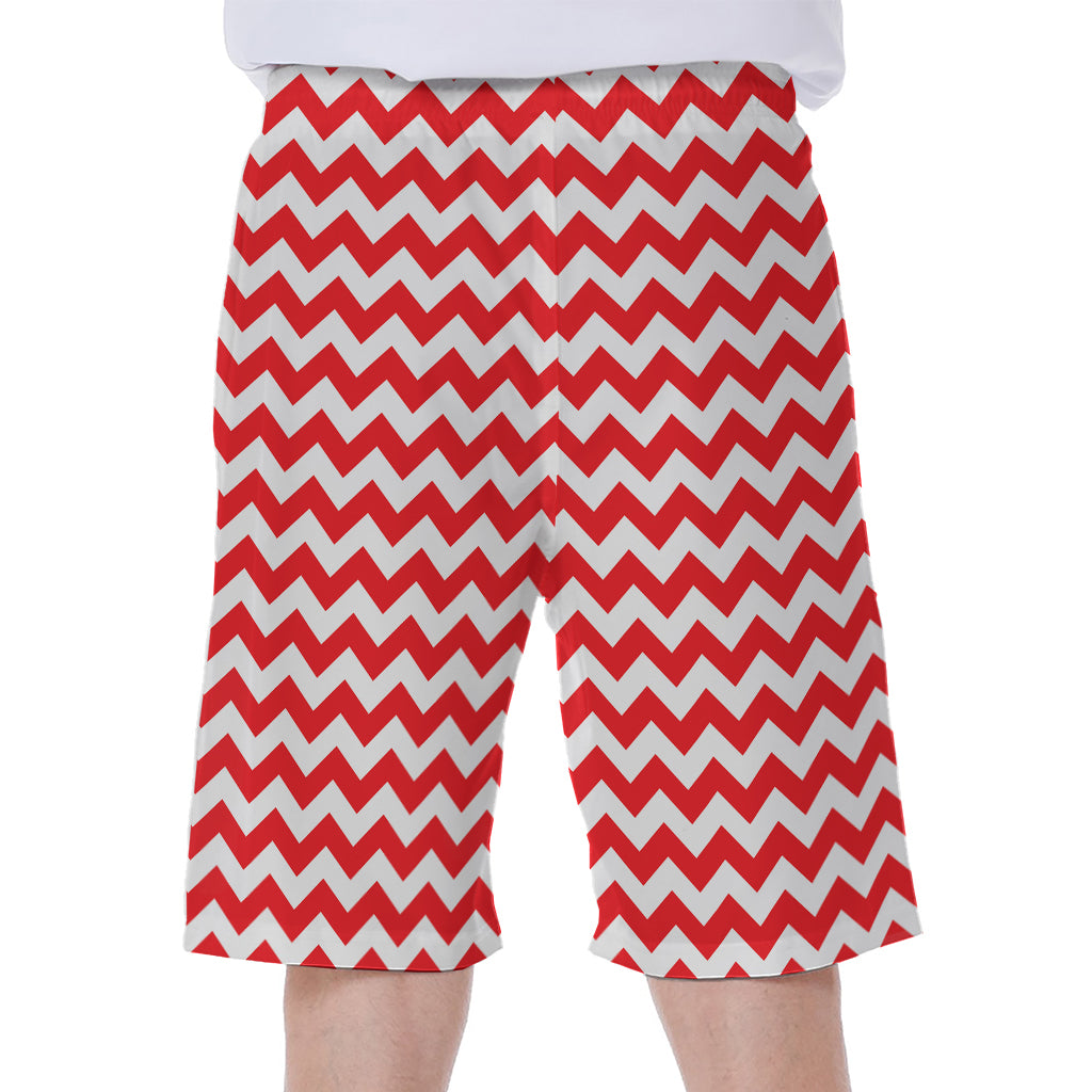 Red And White Chevron Pattern Print Men's Beach Shorts