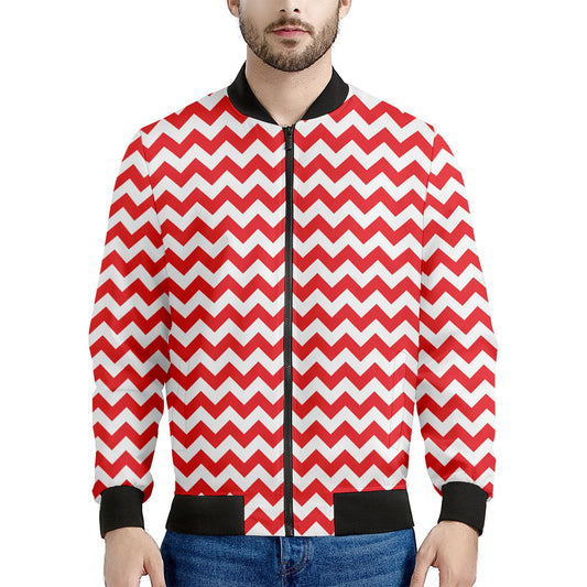 Red And White Chevron Pattern Print Men's Bomber Jacket