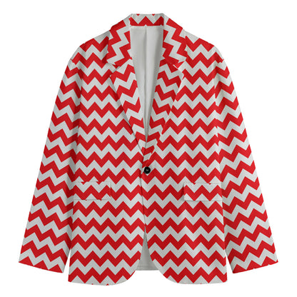 Red And White Chevron Pattern Print Men's Cotton Blazer