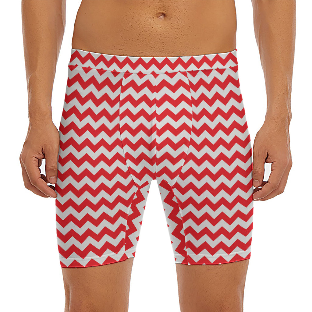 Red And White Chevron Pattern Print Men's Long Boxer Briefs