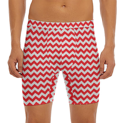 Red And White Chevron Pattern Print Men's Long Boxer Briefs