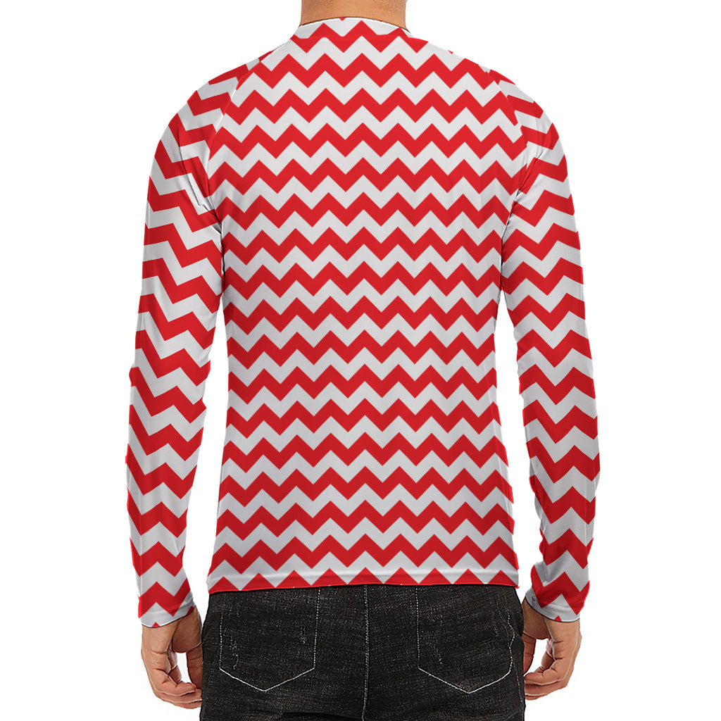 Red And White Chevron Pattern Print Men's Long Sleeve Rash Guard