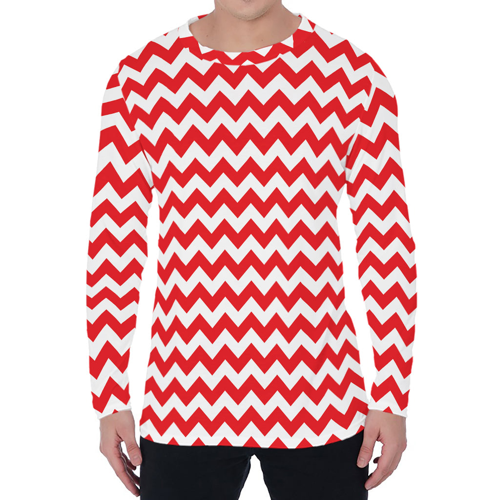Red And White Chevron Pattern Print Men's Long Sleeve T-Shirt