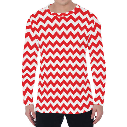 Red And White Chevron Pattern Print Men's Long Sleeve T-Shirt
