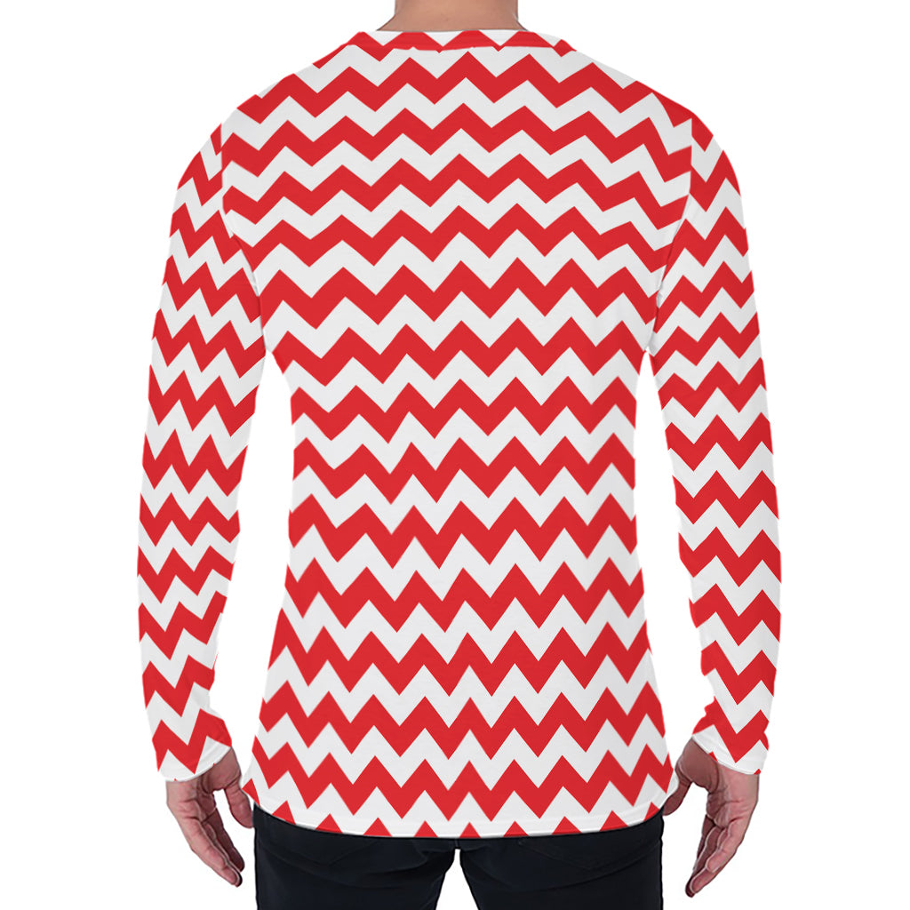 Red And White Chevron Pattern Print Men's Long Sleeve T-Shirt