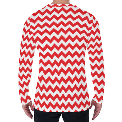 Red And White Chevron Pattern Print Men's Long Sleeve T-Shirt
