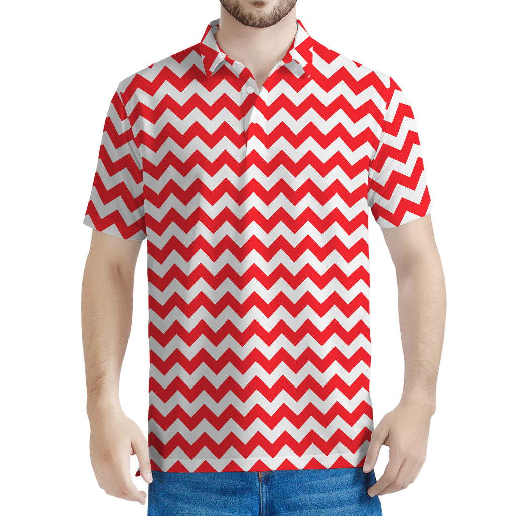 Red And White Chevron Pattern Print Men's Polo Shirt