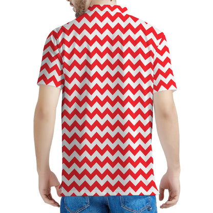 Red And White Chevron Pattern Print Men's Polo Shirt