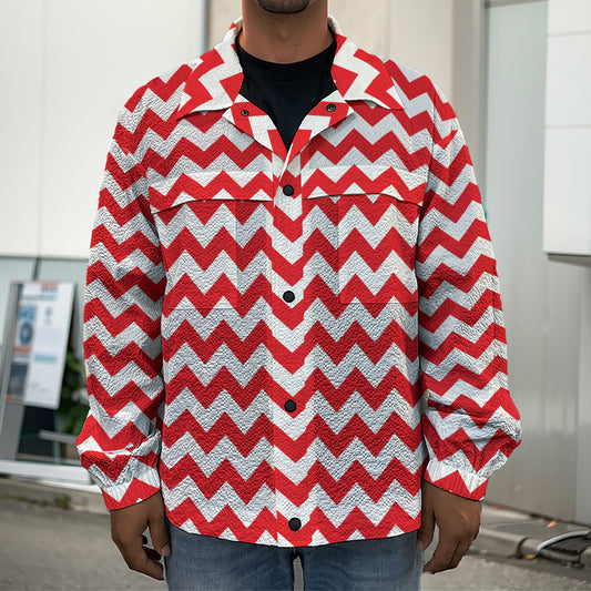 Red And White Chevron Pattern Print Men's Shirt Jacket