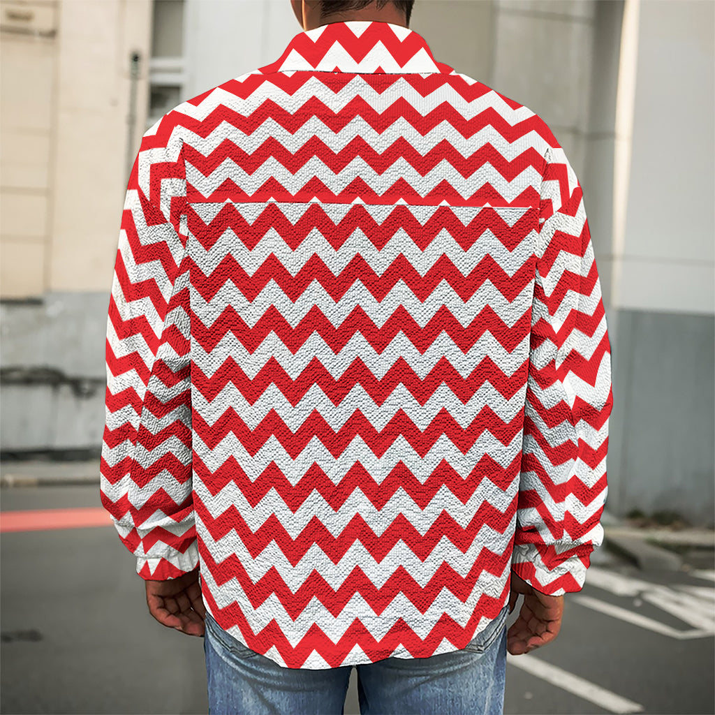 Red And White Chevron Pattern Print Men's Shirt Jacket