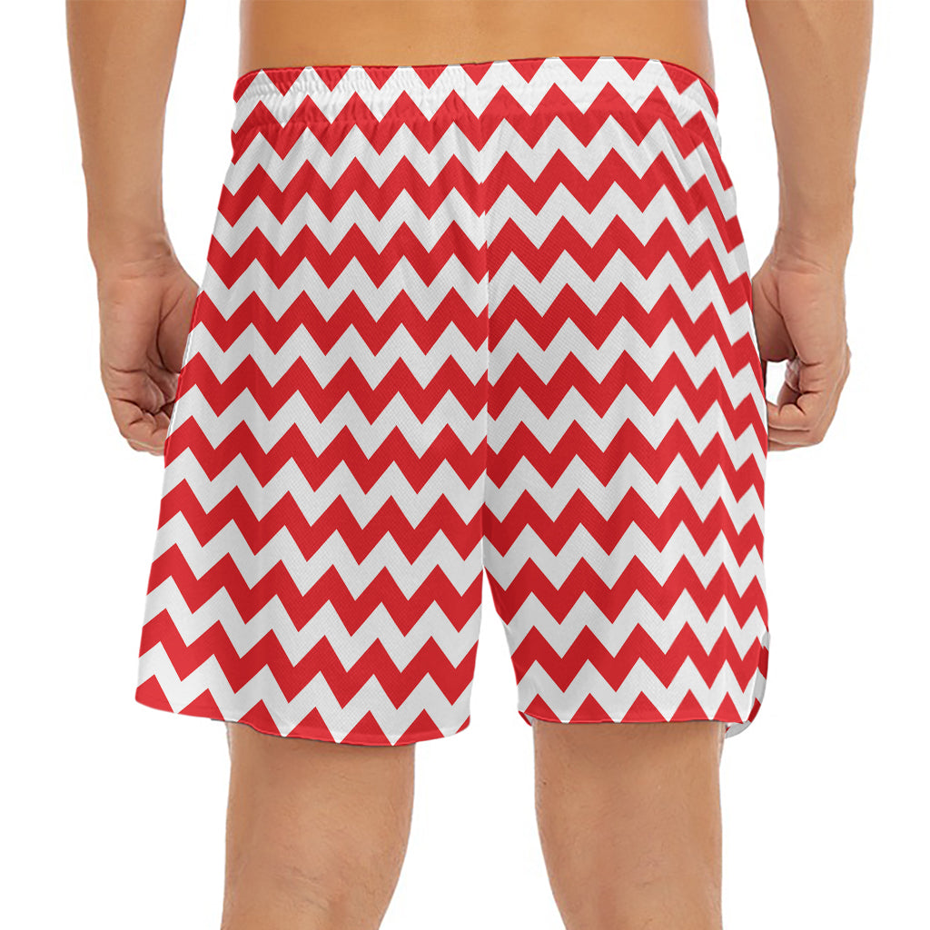 Red And White Chevron Pattern Print Men's Split Running Shorts