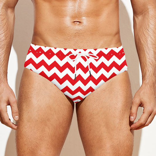 Red And White Chevron Pattern Print Men's Swim Briefs