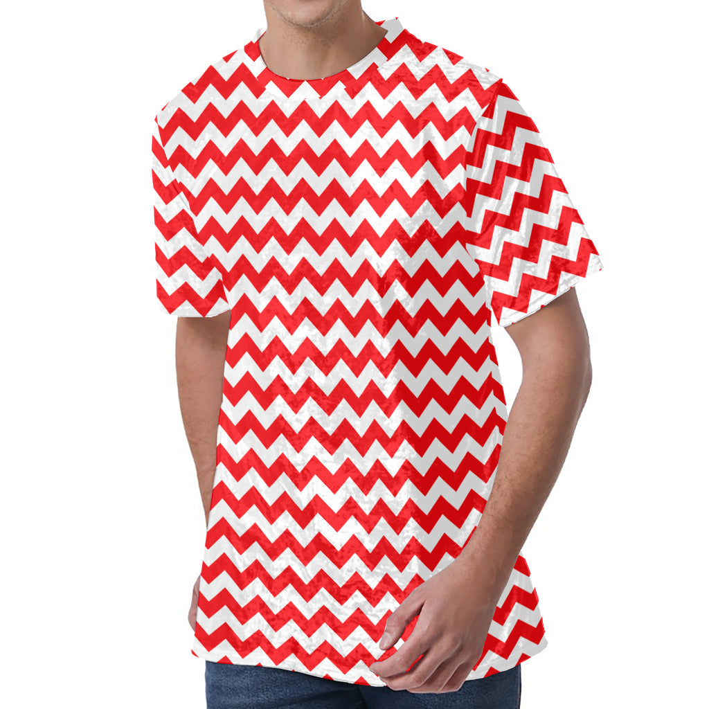 Red And White Chevron Pattern Print Men's Velvet T-Shirt
