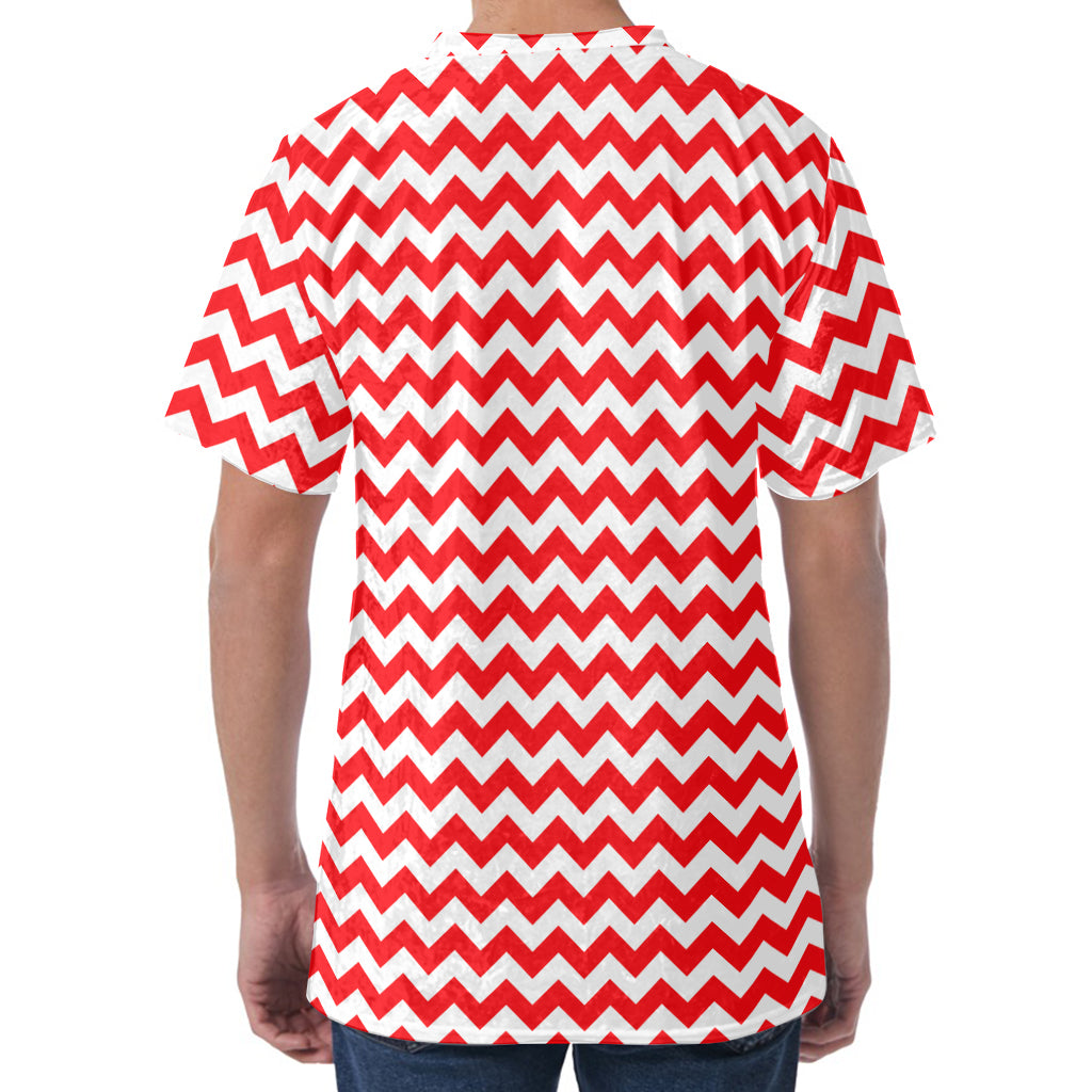 Red And White Chevron Pattern Print Men's Velvet T-Shirt