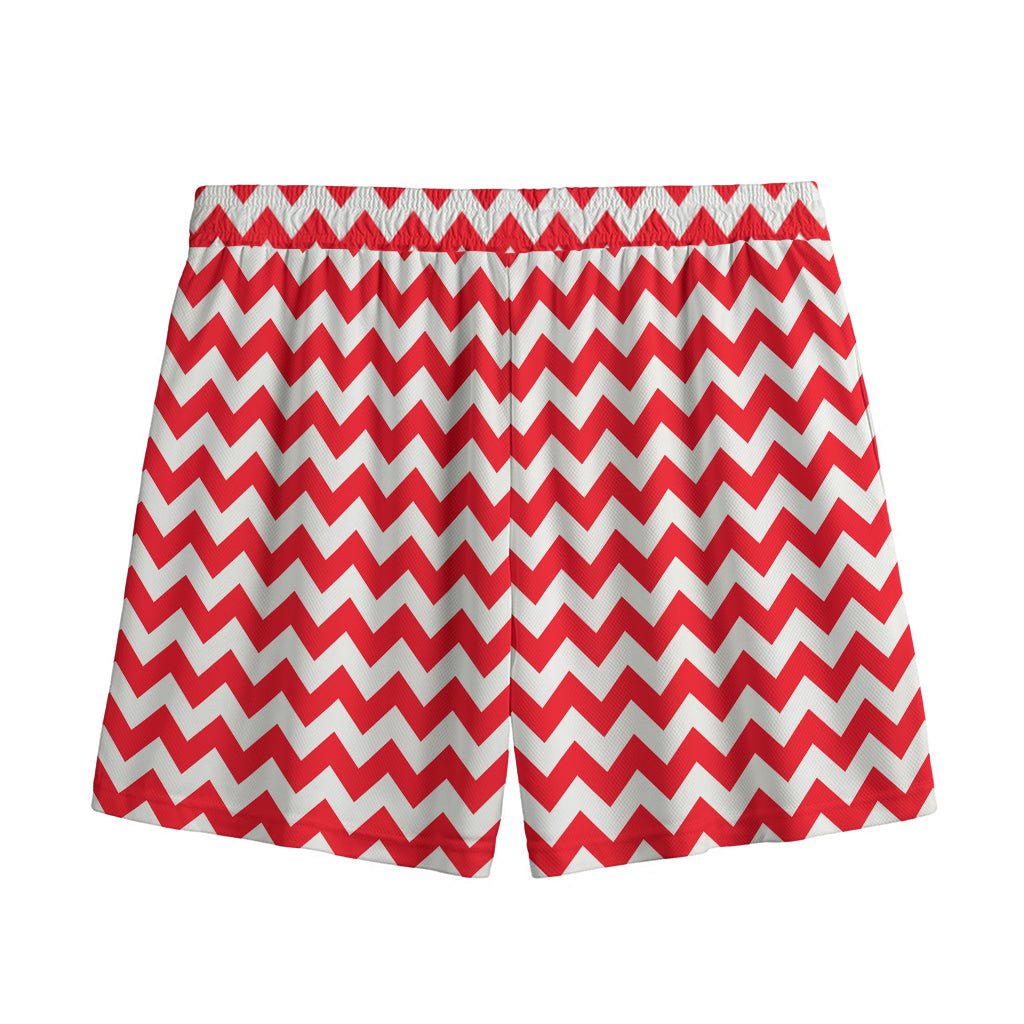 Red And White Chevron Pattern Print Mesh Shorts