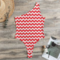 Red And White Chevron Pattern Print One Shoulder Bodysuit