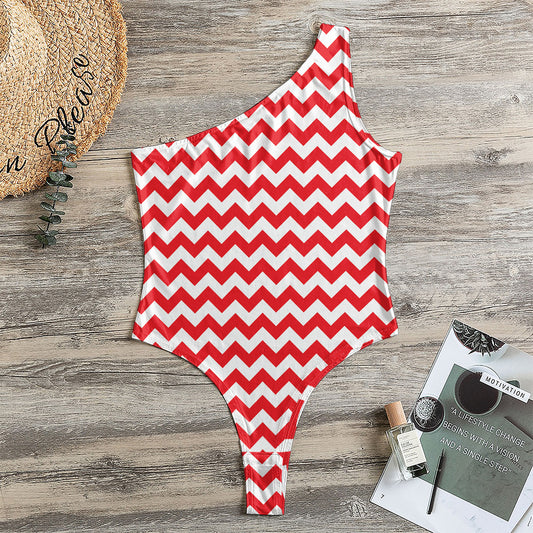Red And White Chevron Pattern Print One Shoulder Bodysuit