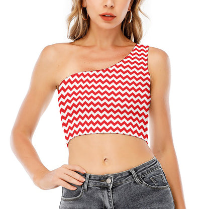 Red And White Chevron Pattern Print One Shoulder Crop Top