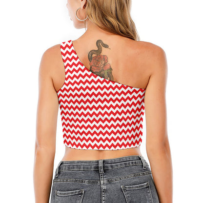 Red And White Chevron Pattern Print One Shoulder Crop Top