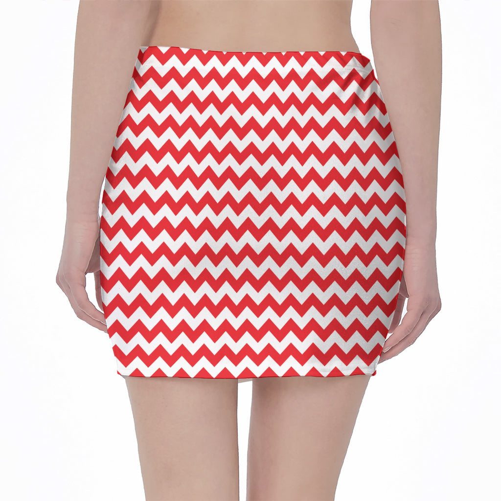 Red And White Chevron Pattern Print Pencil Mini Skirt