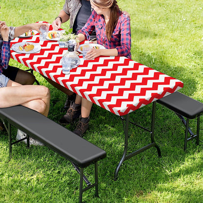 Red And White Chevron Pattern Print Picnic Table Cover