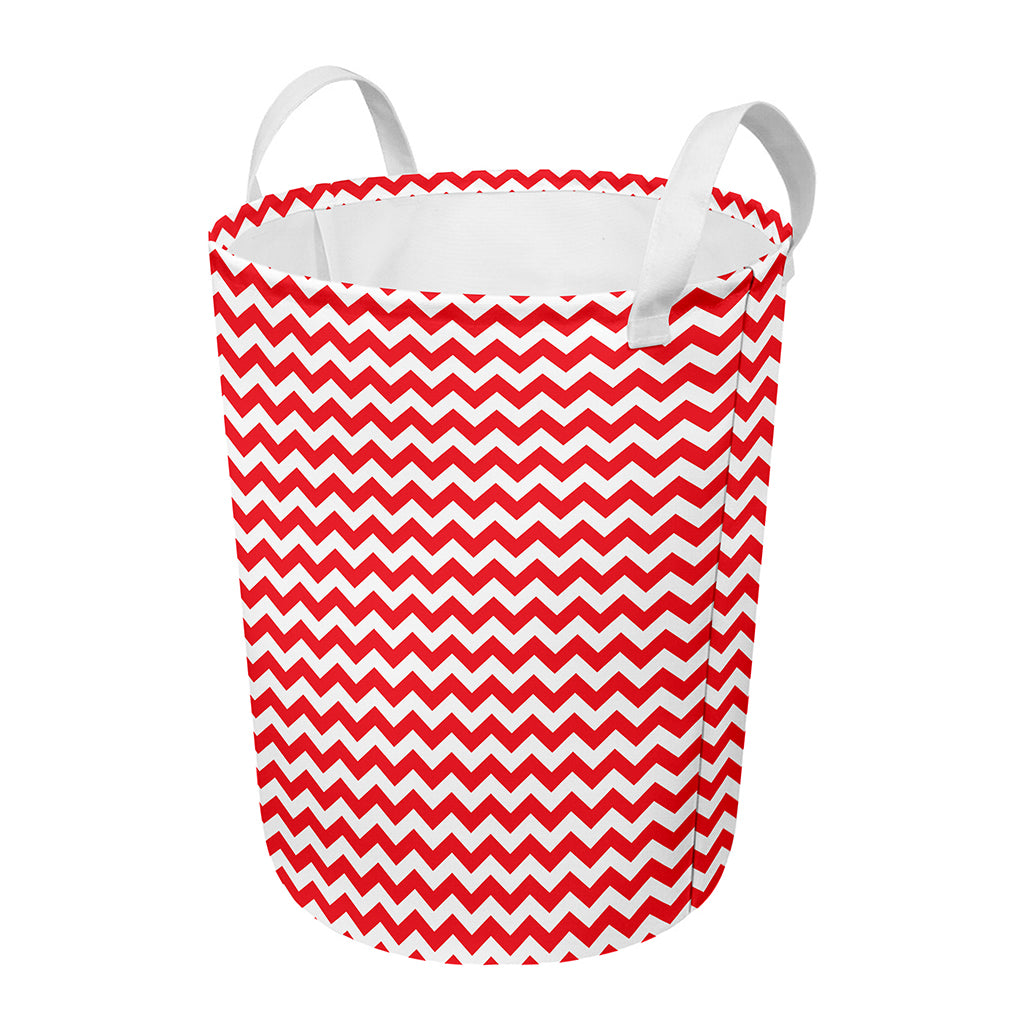 Red And White Chevron Pattern Print Round Laundry Basket
