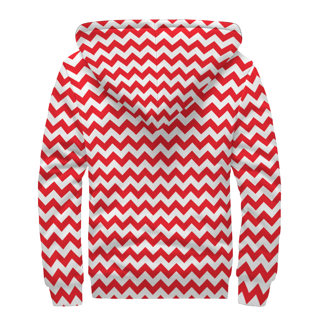 Red And White Chevron Pattern Print Sherpa Lined Zip Up Hoodie