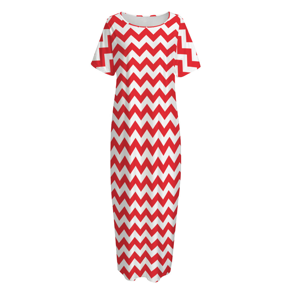 Red And White Chevron Pattern Print Short Sleeve Long Nightdress