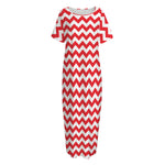Red And White Chevron Pattern Print Short Sleeve Long Nightdress