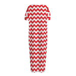Red And White Chevron Pattern Print Short Sleeve Long Nightdress