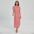 Red And White Chevron Pattern Print Short Sleeve Maxi Dress