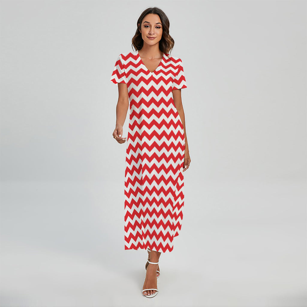 Red And White Chevron Pattern Print Short Sleeve Maxi Dress
