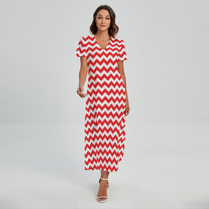 Red And White Chevron Pattern Print Short Sleeve Maxi Dress