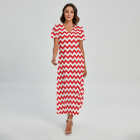 Red And White Chevron Pattern Print Short Sleeve Maxi Dress