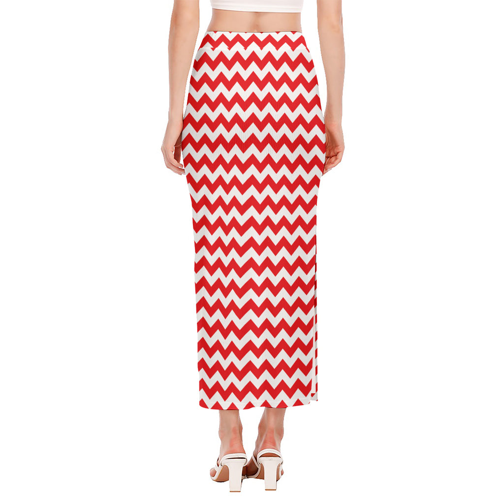 Red And White Chevron Pattern Print Side Slit Maxi Skirt