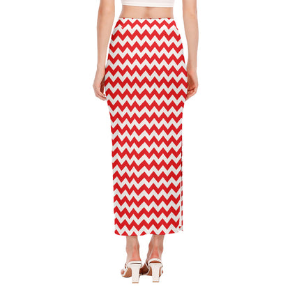 Red And White Chevron Pattern Print Side Slit Maxi Skirt