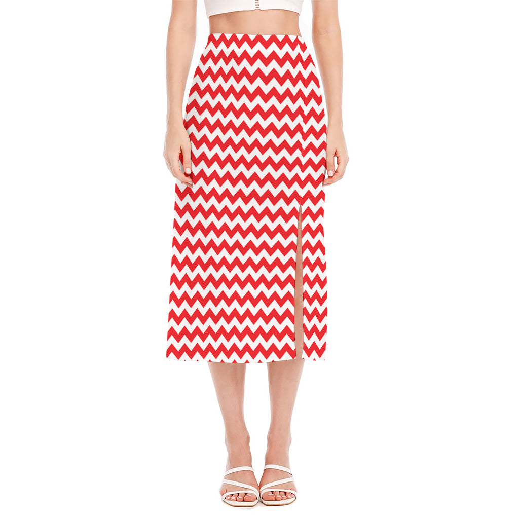 Red And White Chevron Pattern Print Side Slit Midi Skirt