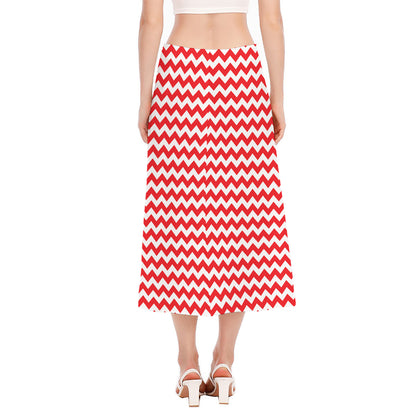 Red And White Chevron Pattern Print Side Slit Midi Skirt