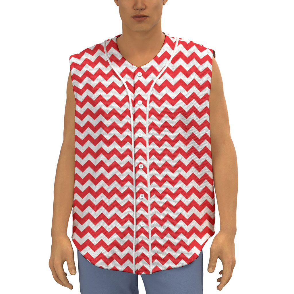 Red And White Chevron Pattern Print Sleeveless Baseball Jersey