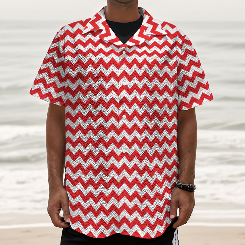 Red And White Chevron Pattern Print Textured Short Sleeve Shirt
